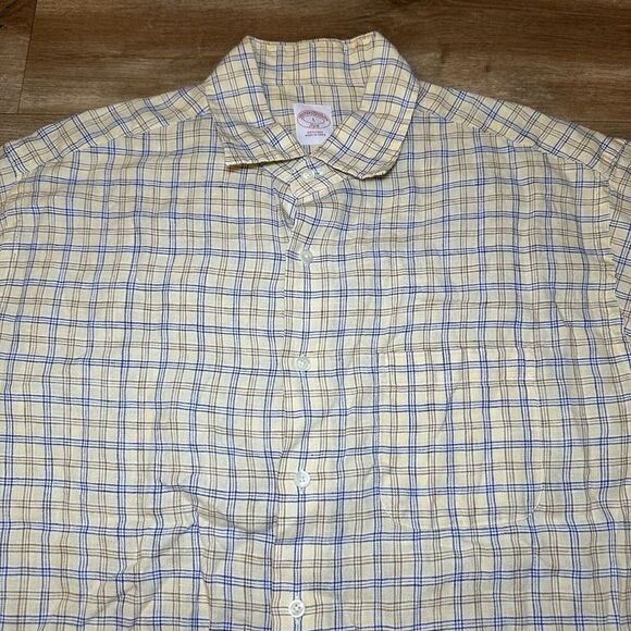 Brooks Brothers Shirt Mens L Pastel Yellow Plaid Check Tattersall Linen Pocket - Picture 2 of 9
